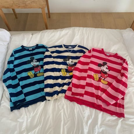 0968 Mickey Striped Loose Long Sleeve Tee/3カラー