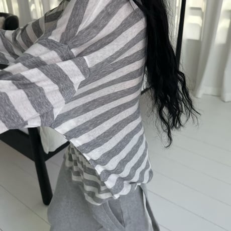 【早期お届け★数量限定】Sheer Border Henry Neck Tops/3カラー