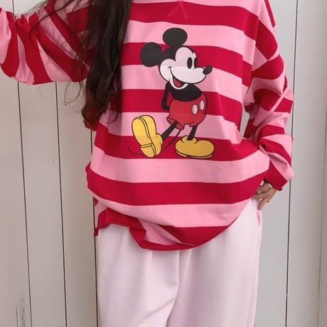 0968 Mickey Striped Loose Long Sleeve Tee/3カラー
