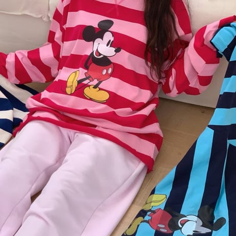 0968 Mickey Striped Loose Long Sleeve Tee/3カラー