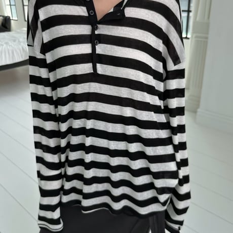 【早期お届け★数量限定】Sheer Border Henry Neck Tops/3カラー