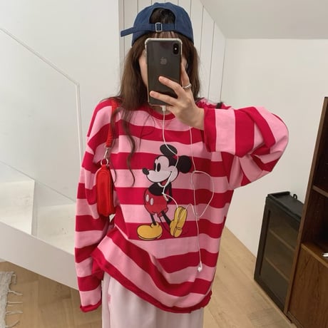 0968 Mickey Striped Loose Long Sleeve Tee/3カラー
