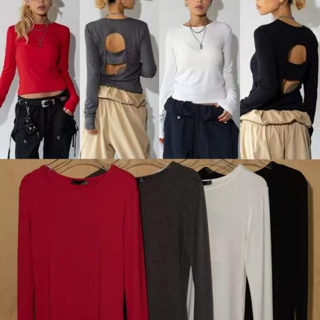 1044 Back Open Long Sleeve Tee/4カラー