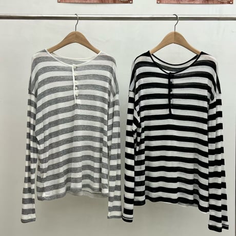 【早期お届け★数量限定】Sheer Border Henry Neck Tops/3カラー