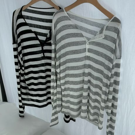 【早期お届け★数量限定】Sheer Border Henry Neck Tops/3カラー