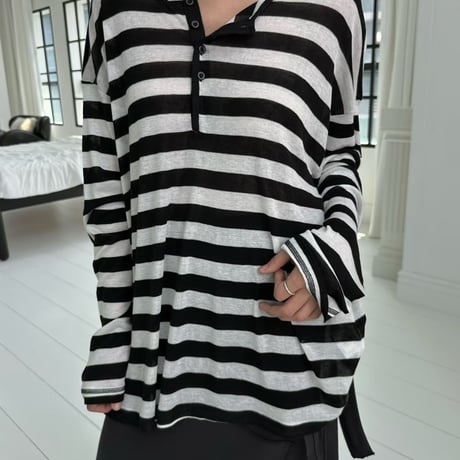 【早期お届け★数量限定】Sheer Border Henry Neck Tops/3カラー