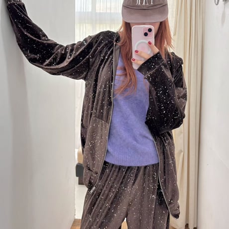 1039 Holographic Velour Zip-Up Hoodie/4カラー