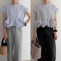 ストライプフレンチスリーブフリルヘムブラウス / 2color
