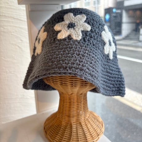2609HW076(S)  / Floral Knit Bucket Hat（Gray）