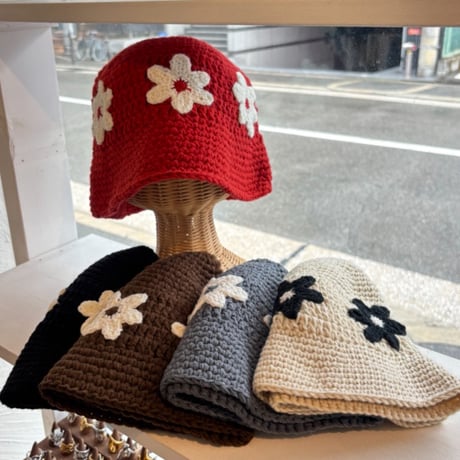 2609HW076(S)  / Floral Knit Bucket Hat（Gray）