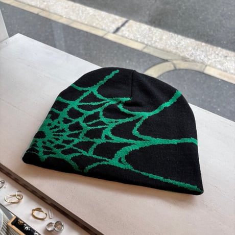 2609HW077(S)  / Spiderweb Knit beanie Cap（Black/Green）