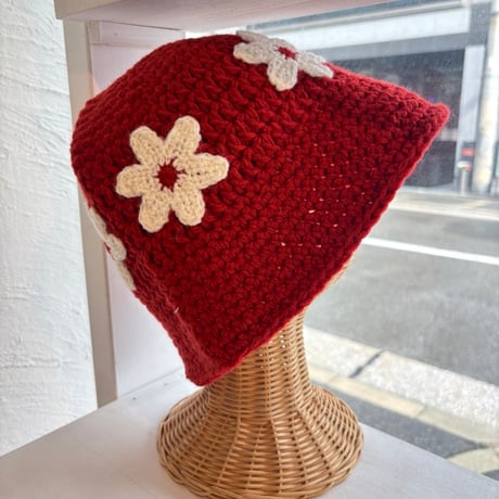 2609HW076(S)  / Floral Knit Bucket Hat（Red）