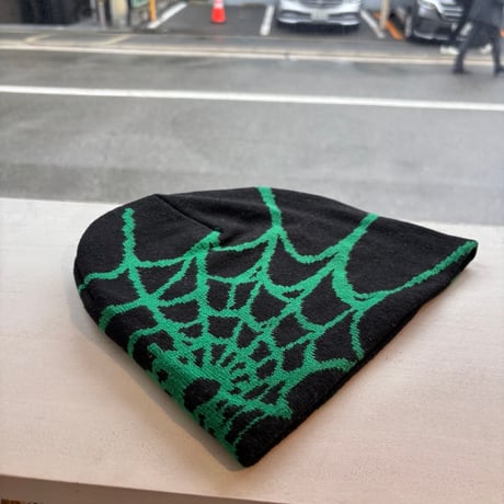 2609HW077(S)  / Spiderweb Knit beanie Cap（Black/Green）