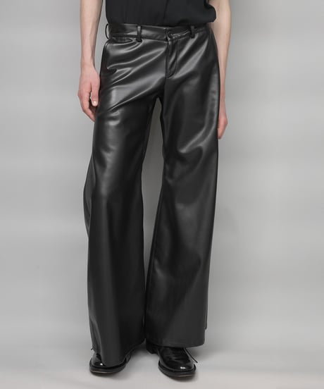 SYNTHETIC LEATHER WIDE FLAIR PANTS/BLACK