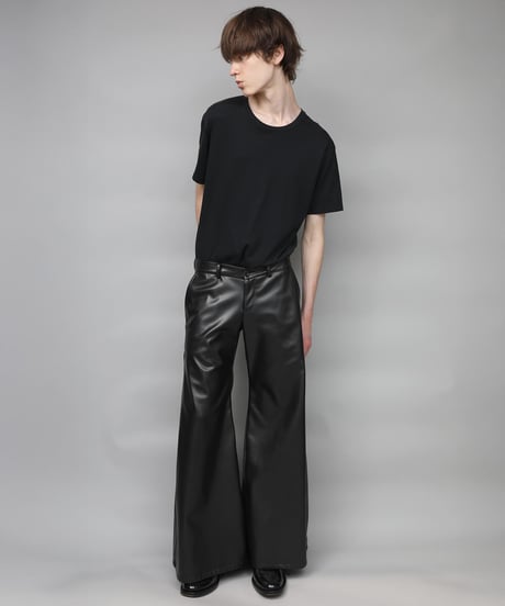 SYNTHETIC LEATHER WIDE FLAIR PANTS/BLACK