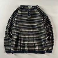 80’s~ Ash Creek stripe pattern cotton henry neck knit