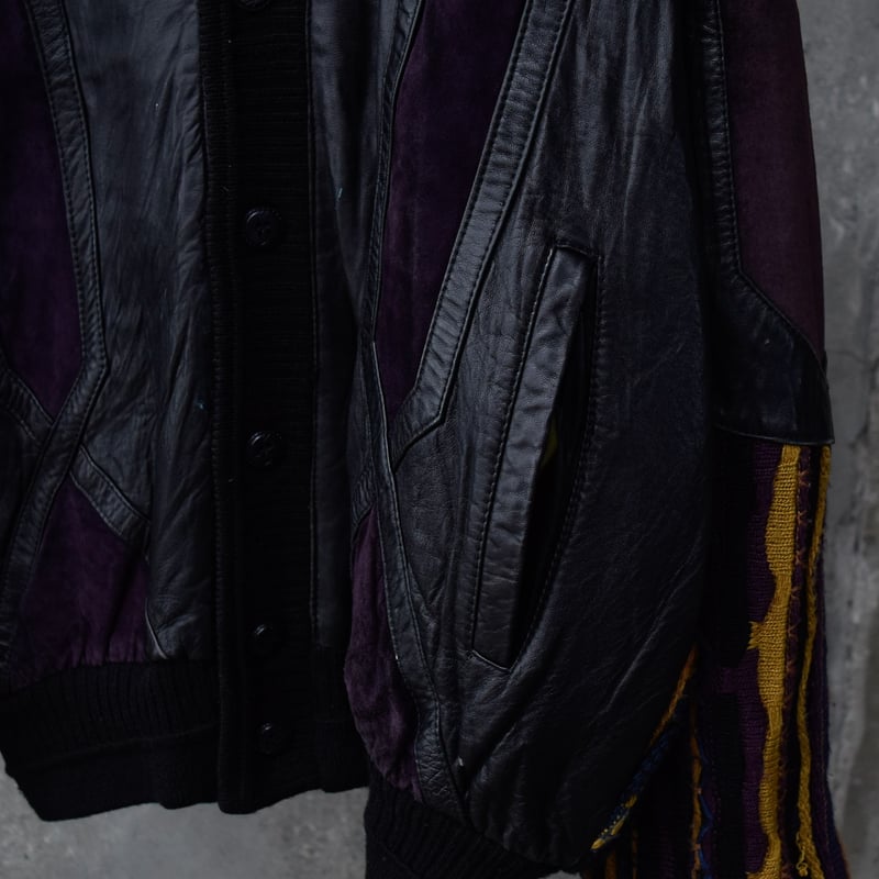 80s 90s イタリア製　ニット　カーディガン　レザー　ジップアップジャケット 90's SAXONY 3D knit switching leather cardigan