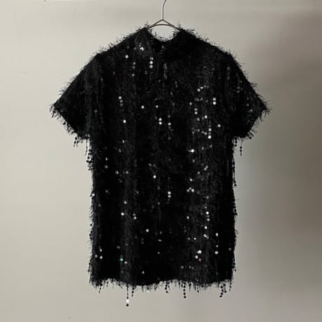 sequin & faux fur high-neck top