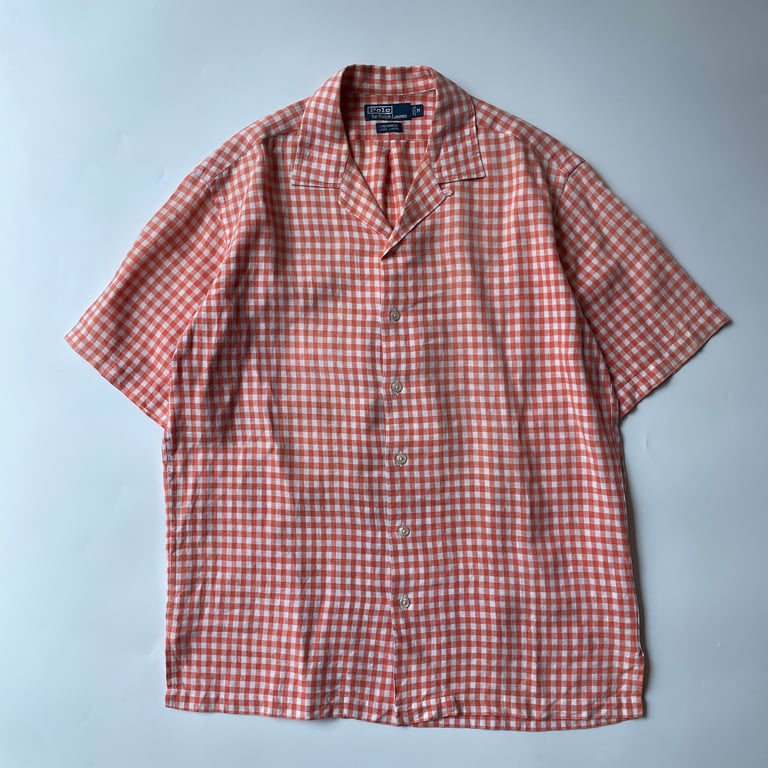 90s Ralph Lauren "CALDWELL" gingham plaid linen open collar shirt｜ラルフローレン