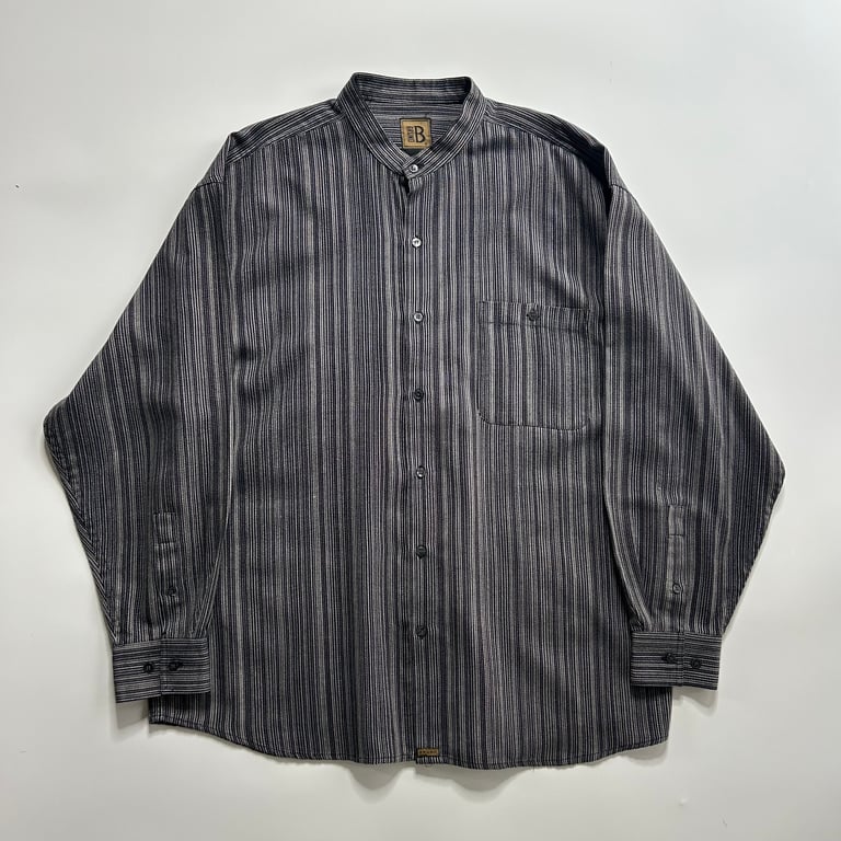 90’s BRUNO stripe pattern rayon/polyester band collar L/S shirt