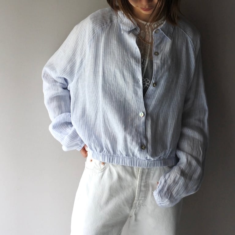 リネンシャツ（linen striped cropped design shirt）