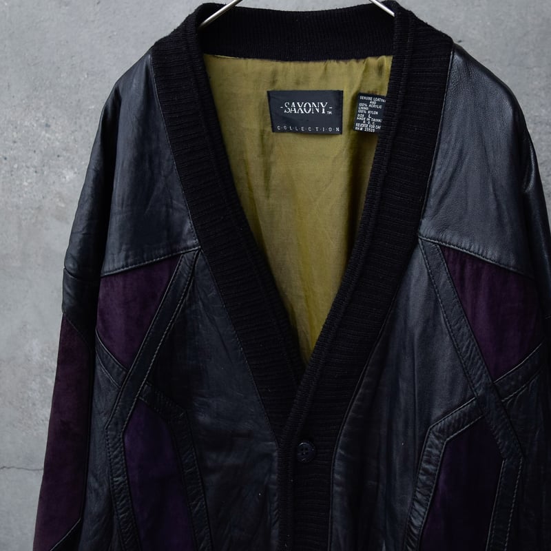90's SAXONY 3D knit switching leather cardigan