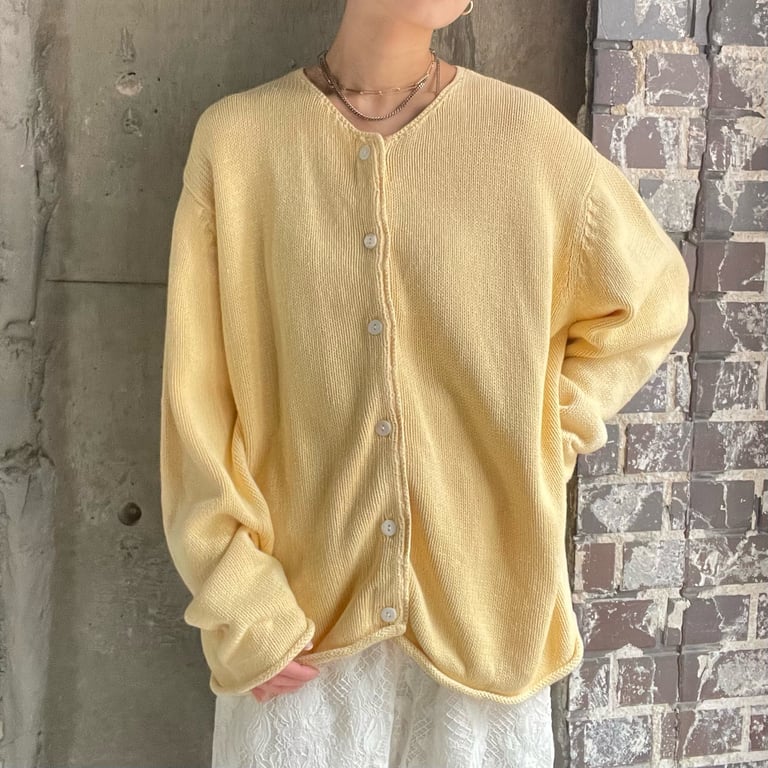 90年代 エディーバウアー カーディガン（90's Eddie Bauer cotton knit cardigan "Cream Yellow"）
