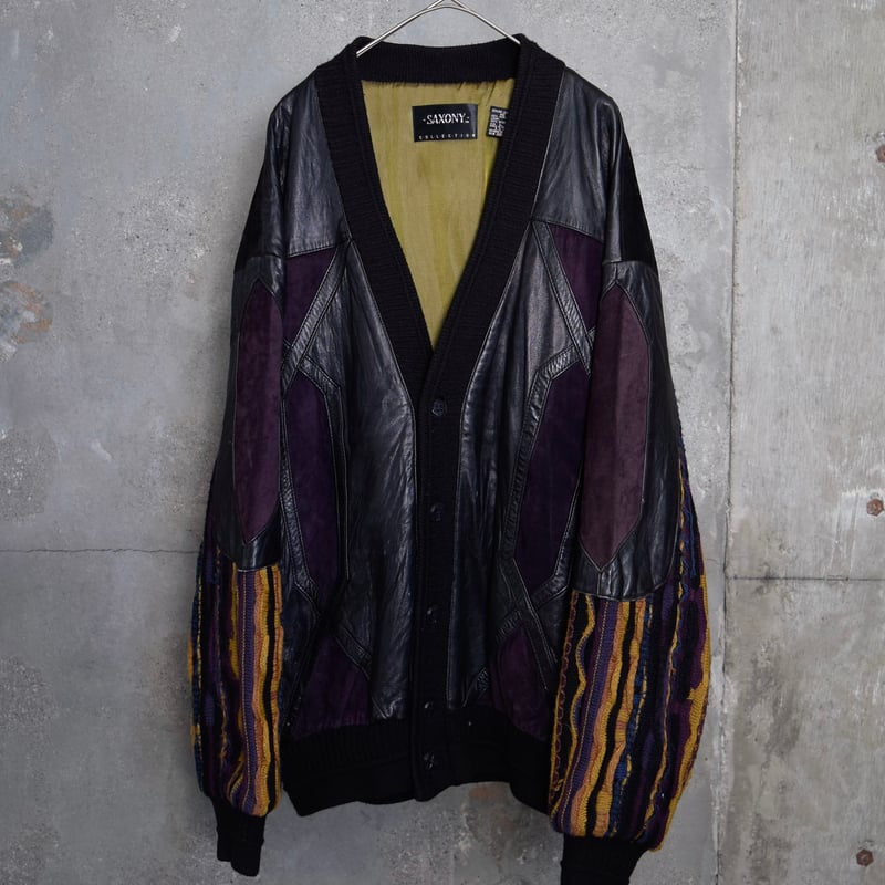 90's SAXONY 3D knit switching leather cardigan
