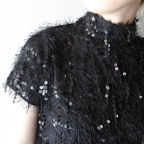 sequin & faux fur high-neck top