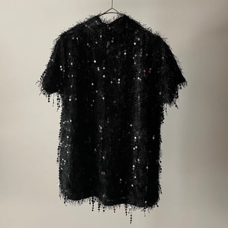 sequin & faux fur high-neck top