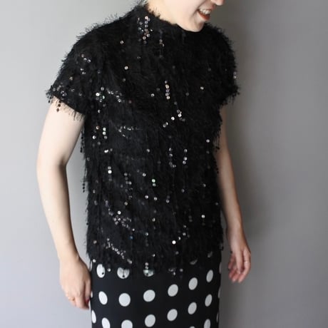 sequin & faux fur high-neck top