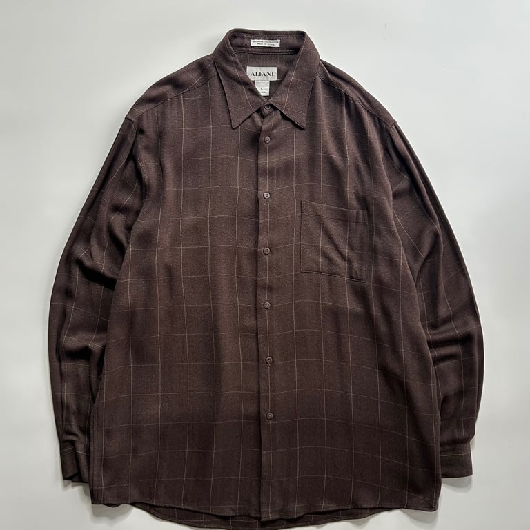 90’s ARFANI plaid pattern herringbone twill rayon L/S shirt