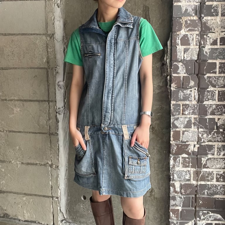 tech design zip up denim N/S mini one-piece