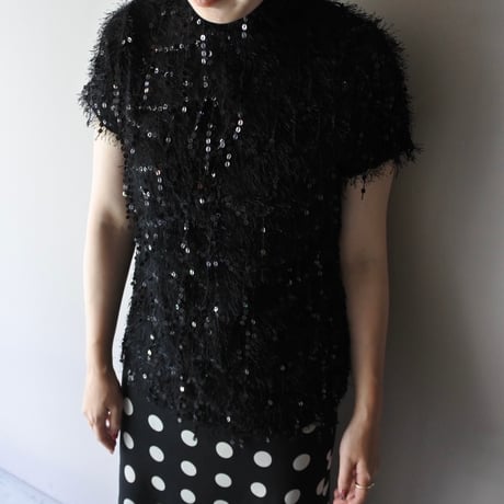 sequin & faux fur high-neck top