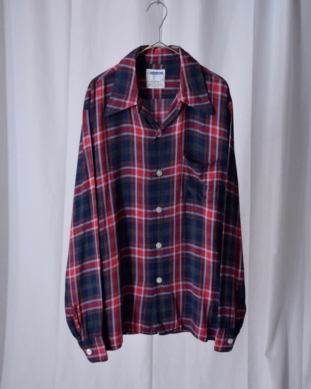70's Golden Key plaid pattern rayon L/S shirt