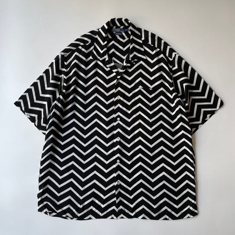 90s Ralph Lauren "CALDWELL" chevron pattern open collar viscose shirt｜ラルフローレン