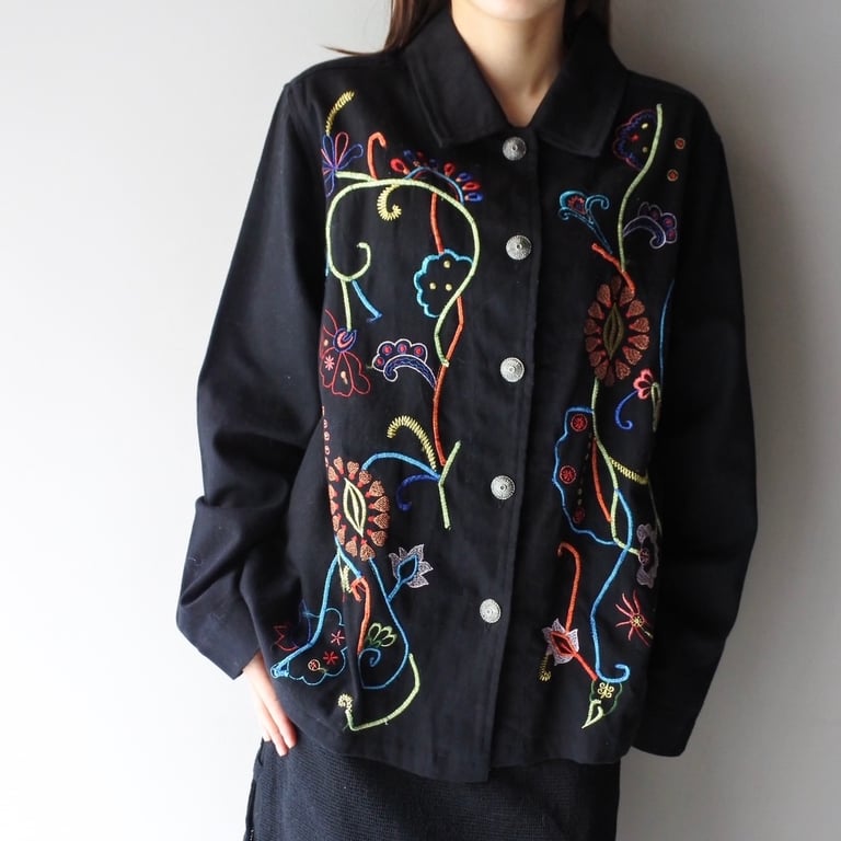 White stag floral embroidered cotton jacket