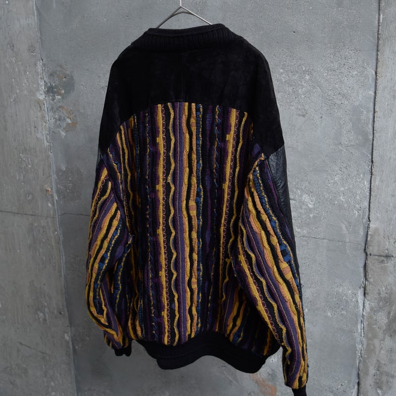 90's SAXONY 3D knit switching leather cardigan