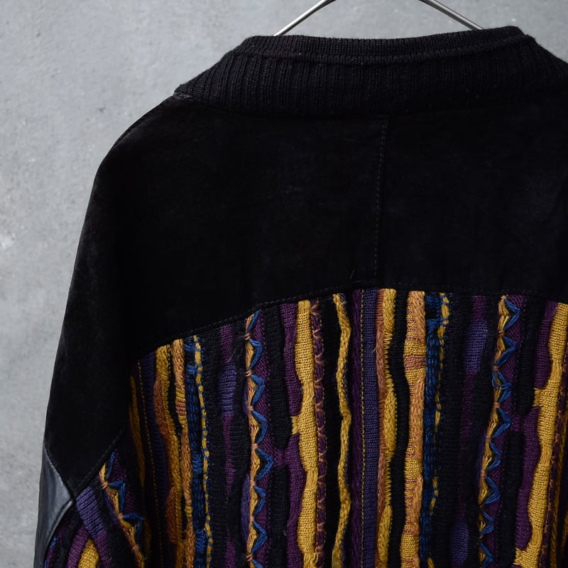90's SAXONY 3D knit switching leather cardigan