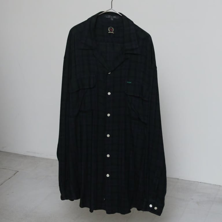 90s TOMMY HILFIGER black watch open collar rayon shirt