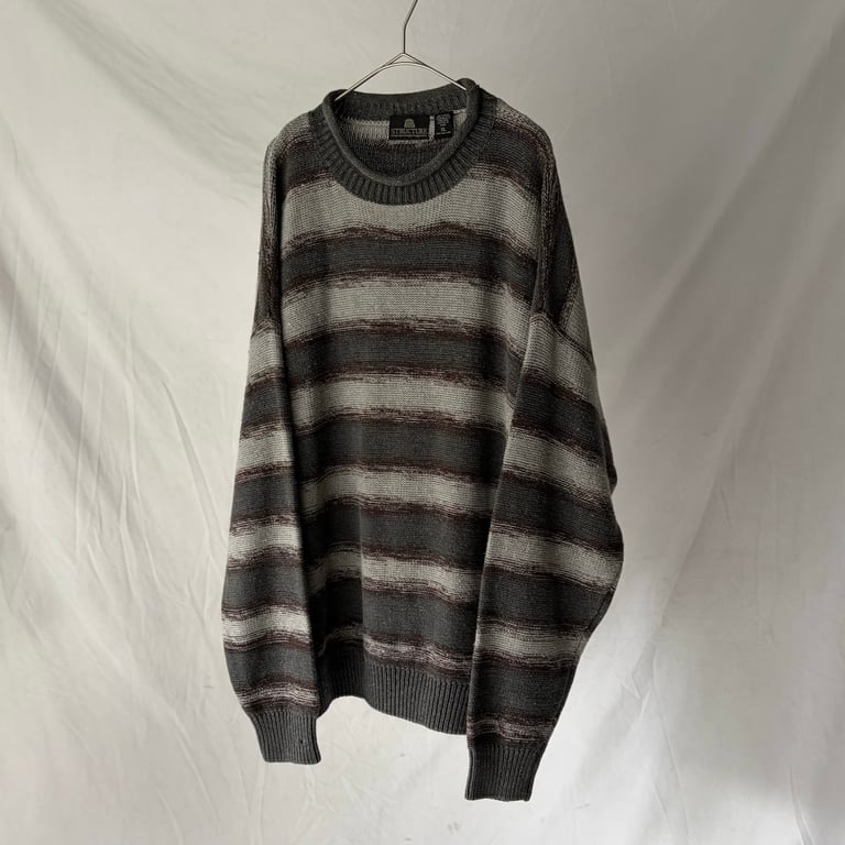90s Structure border roll neck ramie×cotton knit
