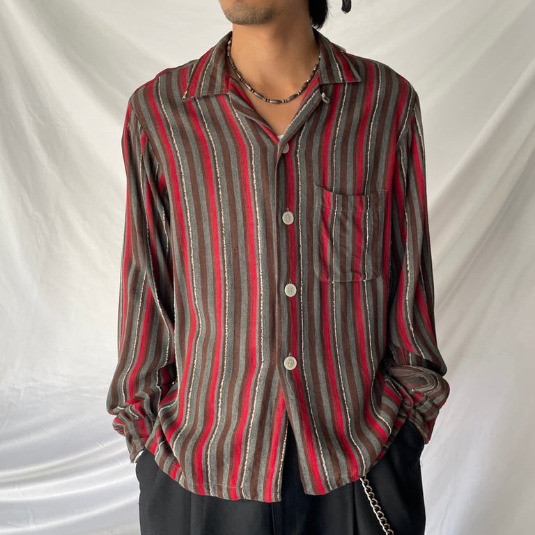 60s rayon stripe pattern open collar shirt