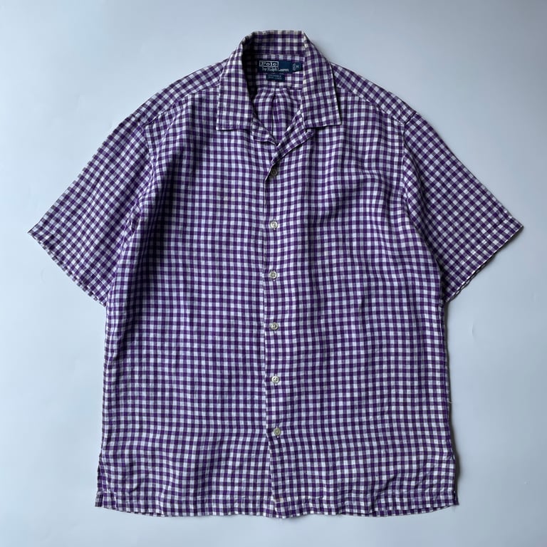 90s Ralph Lauren "CALDWELL" gingham plaid linen open collar shirt｜ラルフローレン