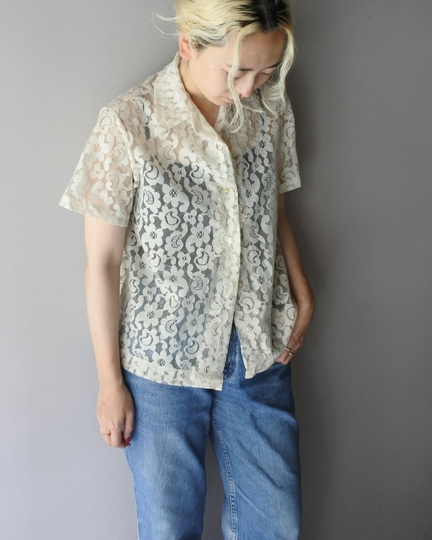 70s~ Floral lace design S/S shirt