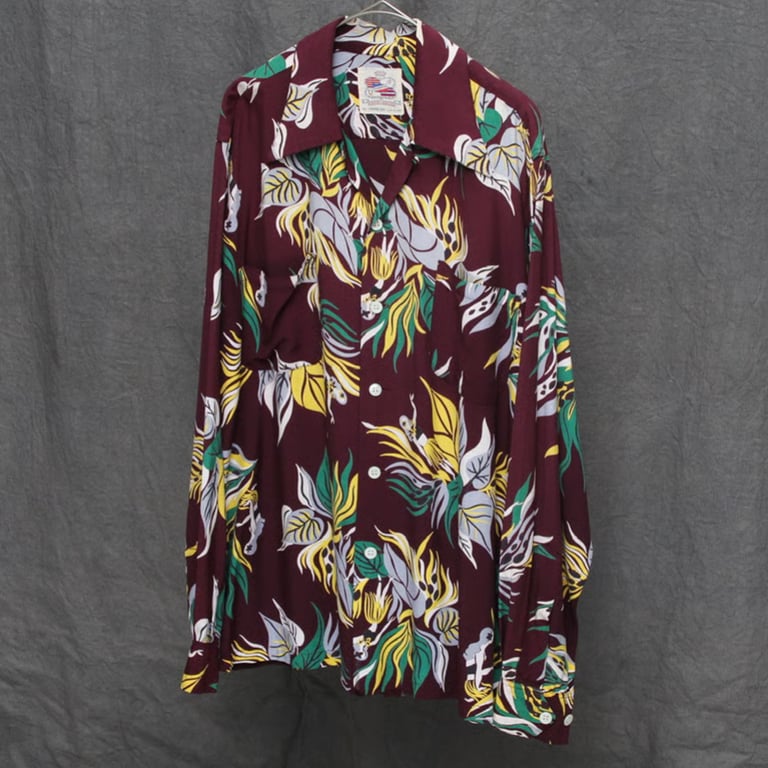 50s DUKE KAHANAMOKU loop collar rayon hawaiian L/S shirt