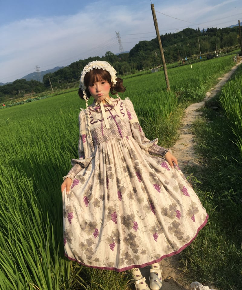 ロワール葡萄園」1.0立ち襟長袖ワンピース（ショート/ロング）【7/20