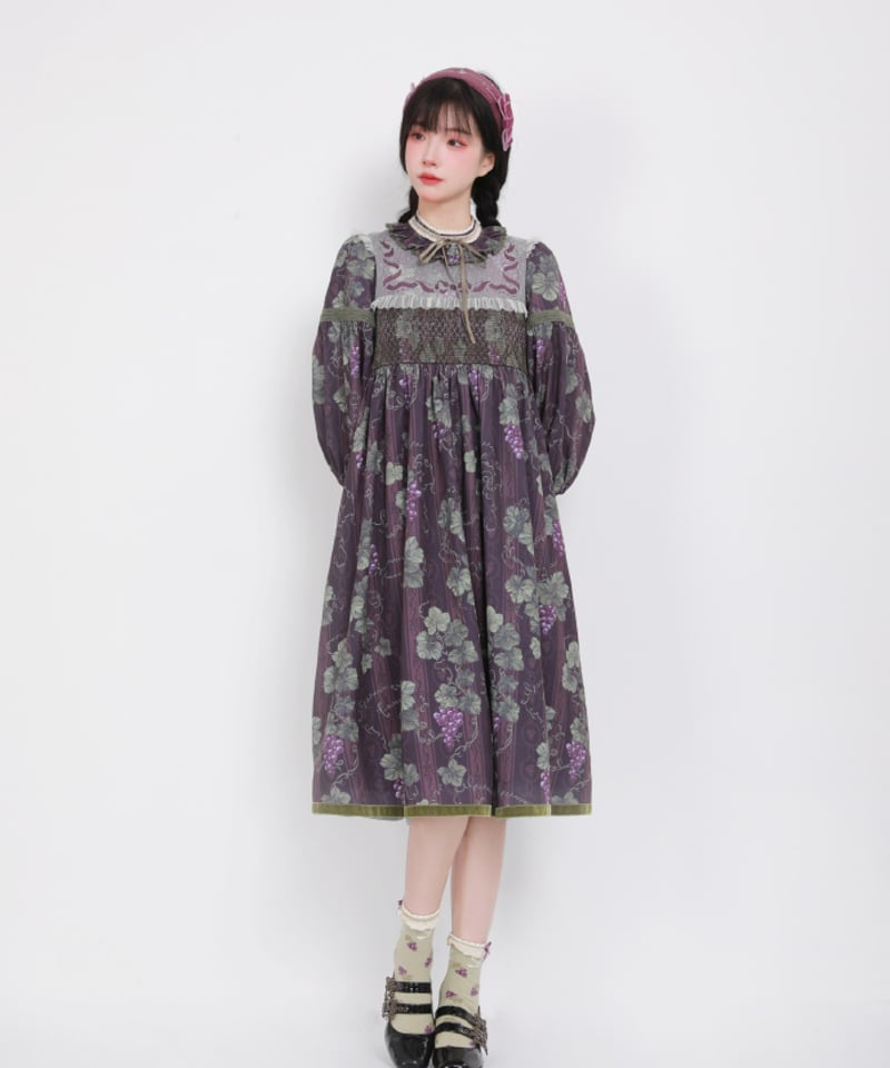 ロワール葡萄園」1.0立ち襟長袖ワンピース（ショート/ロング）【7/20