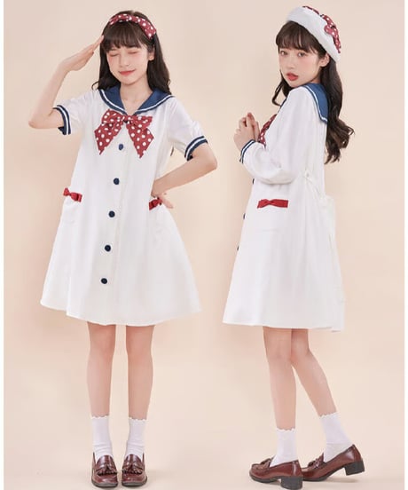 【即納】「Marine」半袖ワンピース（白×赤紺）ロリータ