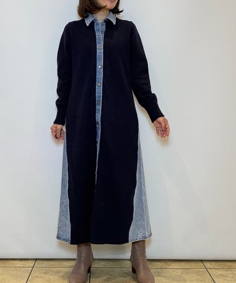 【TULUMB／トゥルム】ニット×デニムドッキングシャツワンピース