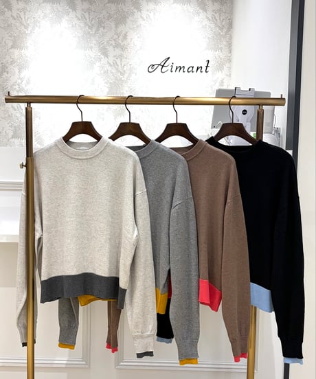 【trois／トロワ】コットンカシミヤ 配色プルオーバーニット